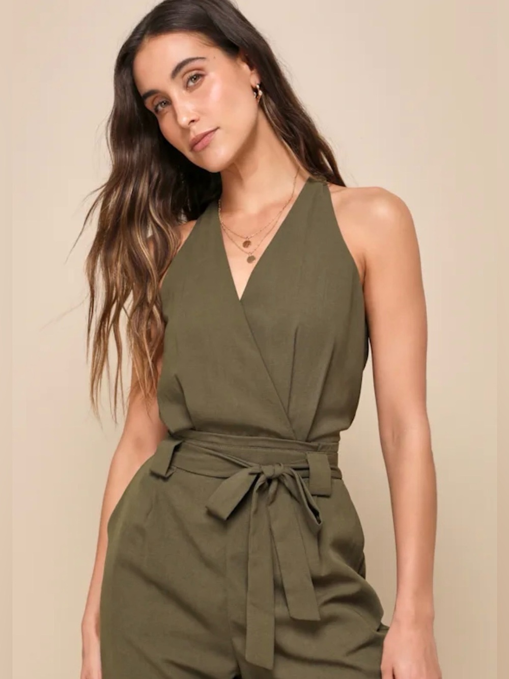 Lulus In the City Surplice Jumpsuit Womens Medium Olive Green Lined Sleeveless - Picture 3 of 16